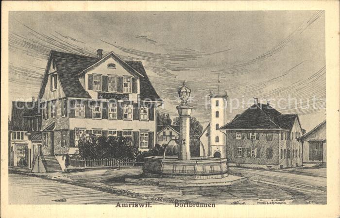 Amriswil TG Dorfbrunnen Federstrich Hans Lehmann Kuenstlerkarte