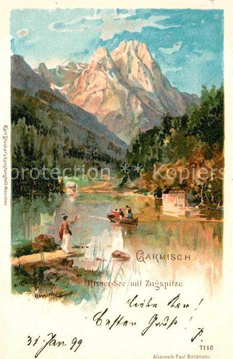 GARMISCH-PARTENKIRCHEN Bayern Risser-See mit Zugspitze Kuenstlerkarte