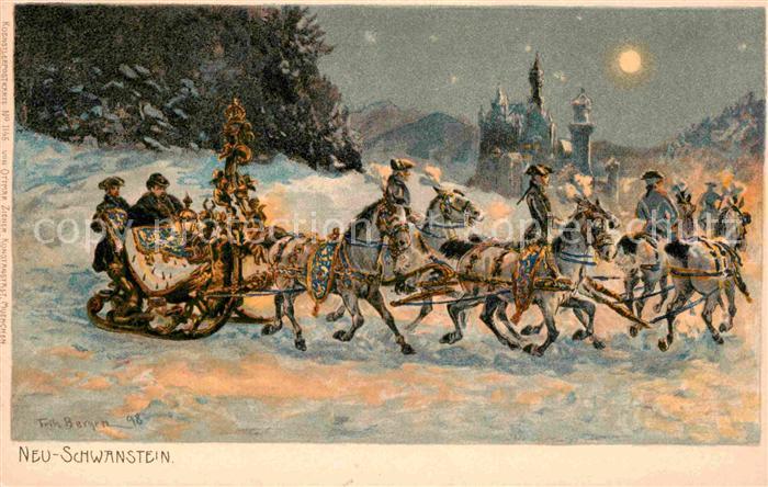 Schloss Neuschwanstein Kuenstlerkarte Schloss und Koenig Ludwig im Pferdeschlitt