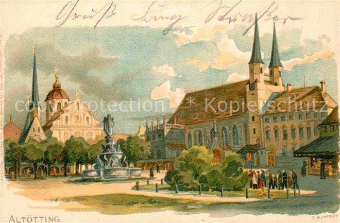 ALToeTTING Bayern Platz mit Kirchen und Brunnen Kuenstlerkarte