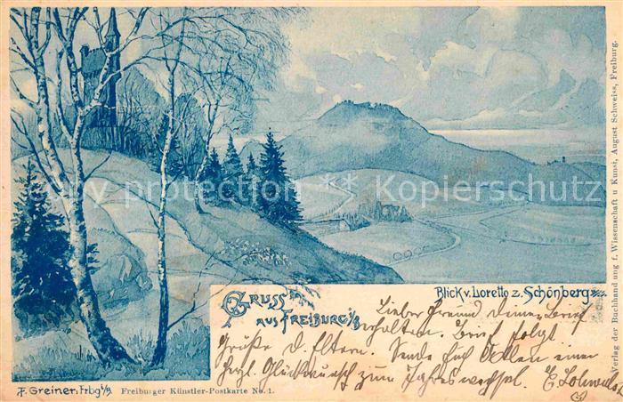 Freiburg Breisgau Blick von Loretto zum Schoenberg Kuenstlerkarte