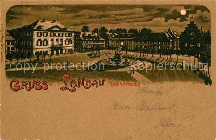 Landau Pfalz Platz mit Denkmal bei Mondschein