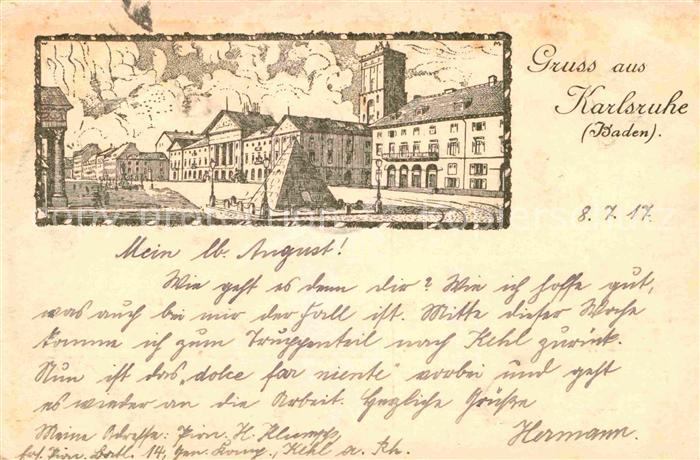 Karlsruhe Baden Zeichnung Platz mit Pyramide