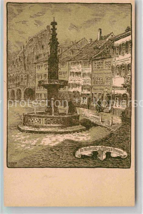 Freiburg Breisgau Muensterplatz Brunnen Kuenstlerkarte Marie Lang