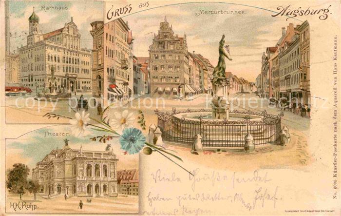 Augsburg Mercurbrunnen Rathaus Theater Kuentlerkarte HK. Ruhp
