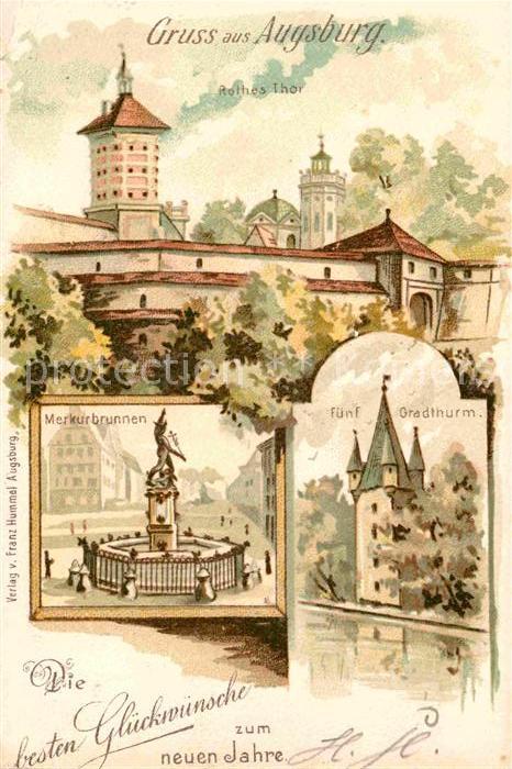 Augsburg Merkurbrunnen Fuenfgradturm Rotes Tor
