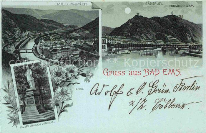 Bad Ems Baederley Cocordia-Turm Kaiser Wilhelm Denkmal Litho