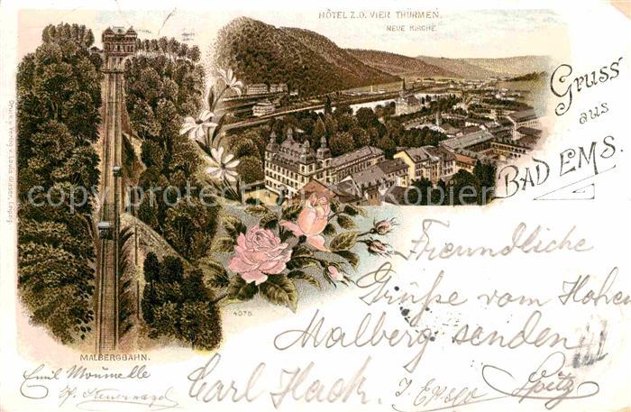 Bad Ems Hotel zu den vier Tuermen Malbergbahn Litho