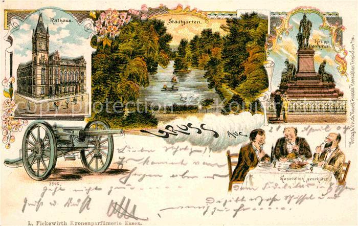 Essen Ruhr Rathaus Krupp-Denkmal Stadtgarten Kanone Litho