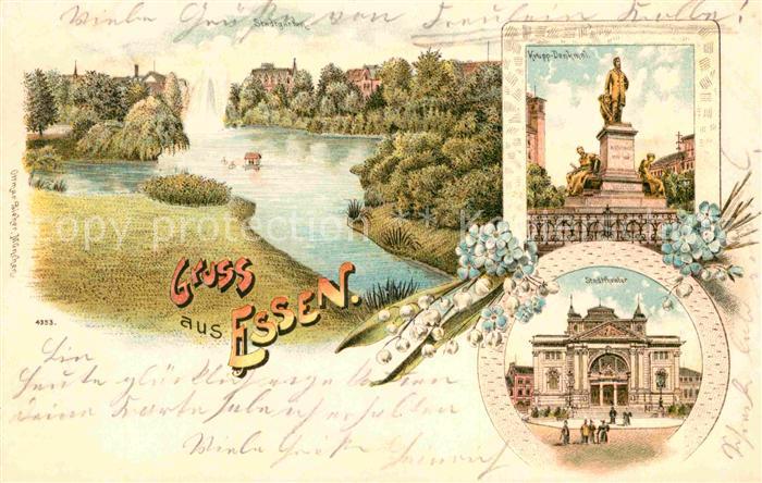 Essen Ruhr Krupp-Denkmal Stadttheater Stadtgarten Litho