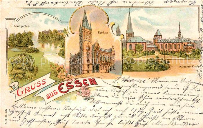 Essen Ruhr Muenster-Kirche Rathaus Stadtgarten Litho