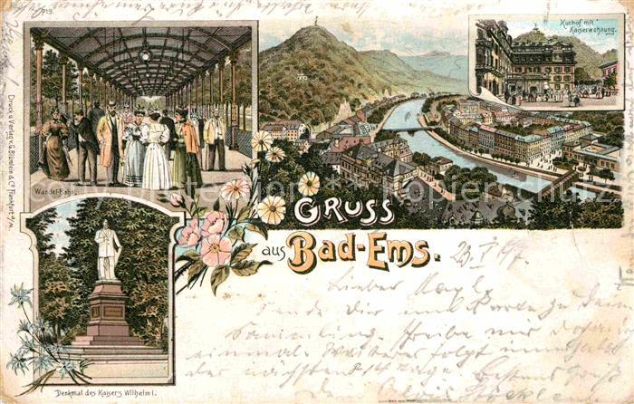 Bad Ems Kurhof Kaiserwohnung Wandel-Bahn Kaiser-Wilhelm-Denkmal Litho