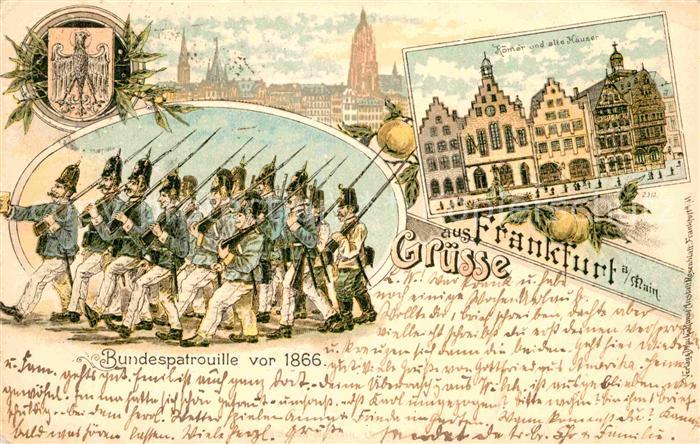 Frankfurt Main Bundespatrouille vor 1866 Roemer Alte Haeuser Litho