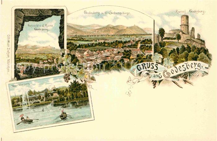 Bad Godesberg Godesburg Neuer Kurpark Siebengebirge Litho