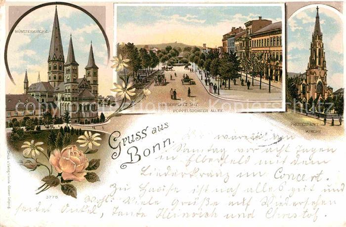 Bonn Rhein Kaiserplatz Poppelsdorfer Allee Protestantische Kirche Litho