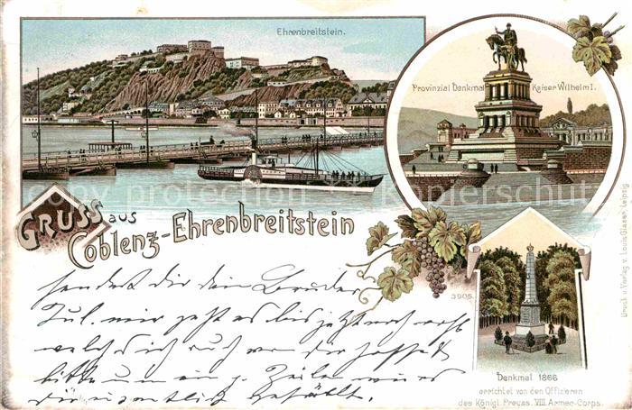 Koblenz Rhein Ehrenbreitstein Denkmal Kaiser Wilhelm I. Denkmal 1866 Litho
