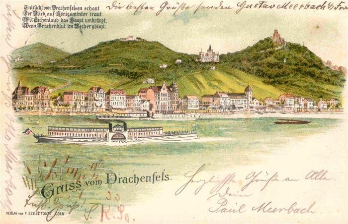 Drachenfels Seitenraddampfer Litho Gedicht