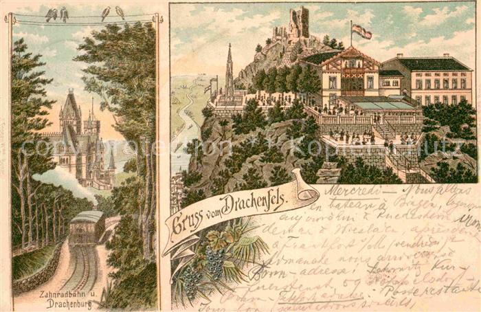 Drachenfels Zahnradbahn Drachenburg Restaurant Litho