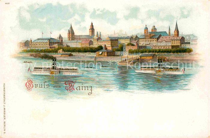 Mainz Rhein Seitenraddampfer Litho