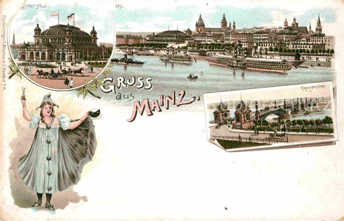 Mainz Rhein Stadthalle Rheinbruecke Fasching Seitenraddampfer Litho