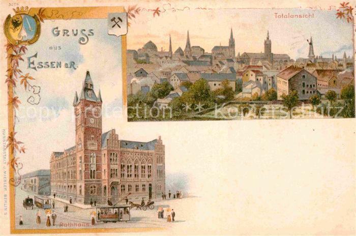 Essen Ruhr Rathaus Strassenbahn Totalansicht Litho