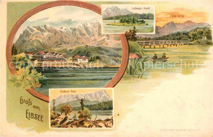 Eibsee Frillensee Ludwigsinsel  Felix-Steg Litho