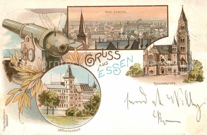 Essen Ruhr Alfredusbad Kreuzeskirche Kanone Litho