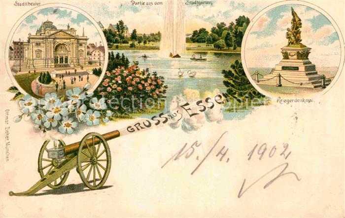 Essen Ruhr Stadttheater Kriegerdenkmal Stadtgarten Kanone Litho