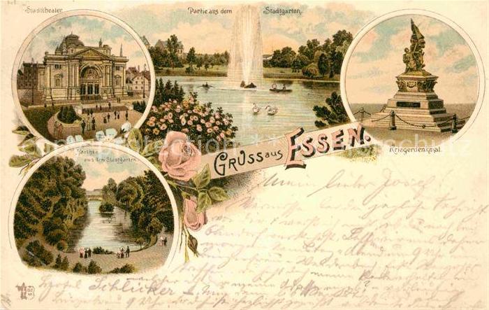 Essen Ruhr Stadttheater Stadtgarten Kriegerdenkmal Litho