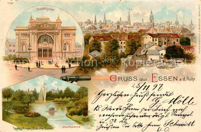 Essen Ruhr Stadttheater Stadtgarten Kanone Litho