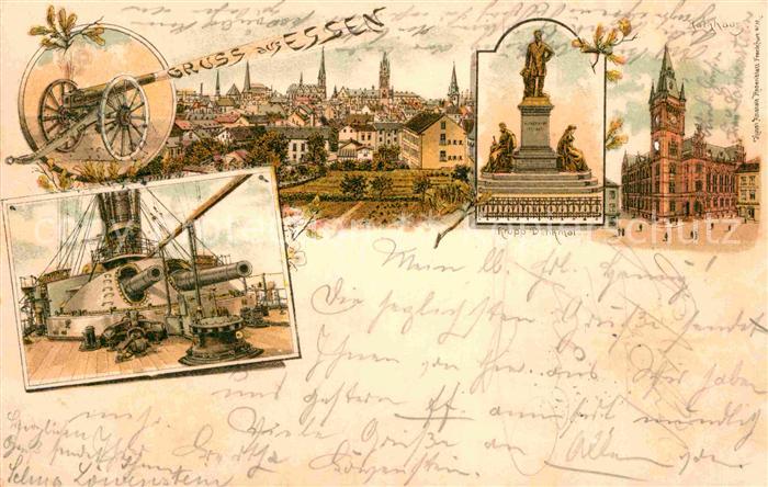 Essen Ruhr Schiffskanonen Krupp-Denkmal Rathaus Litho