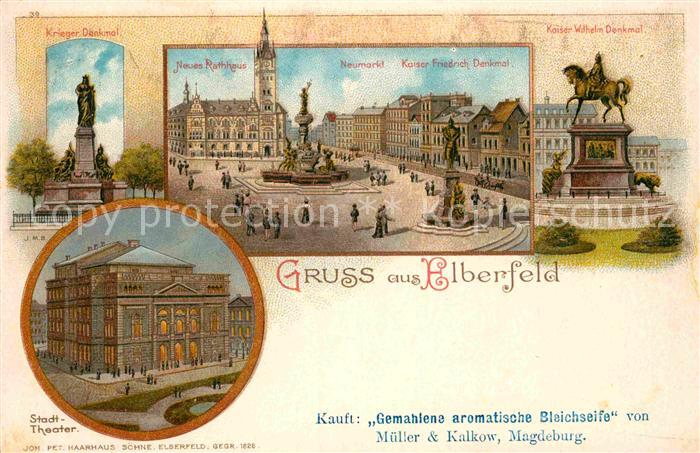 Elberfeld Wuppertal Kaiser-Friedrich-Denkmal Neues Rathaus Kriegerdenkmal Litho