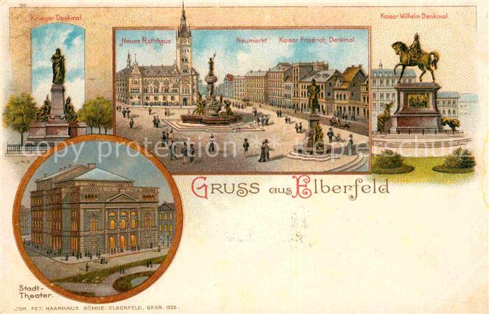 Elberfeld Wuppertal Kaiser-Wilhelm-Denkmal Stadttheater Neumarkt Litho