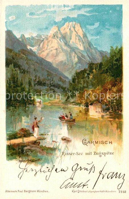 GARMISCH-PARTENKIRCHEN Bayern Riessersee Zugspitze Litho Kuenstlerkarte Heinisch