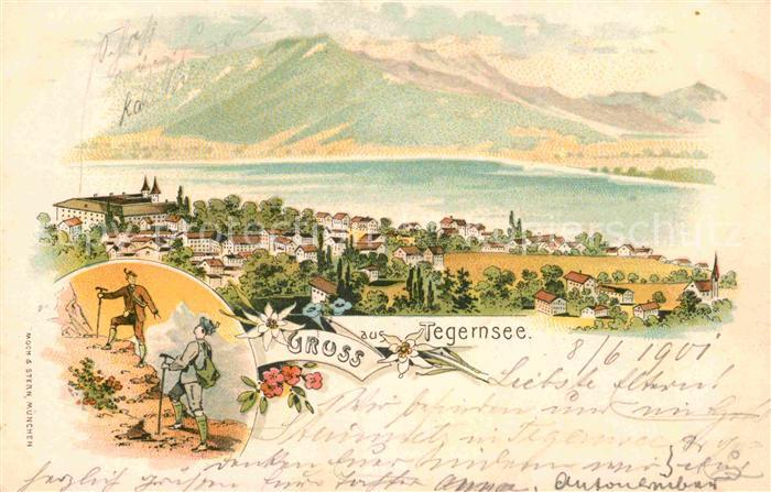 Tegernsee Bayern Totalansicht Wanderer Wanderung Litho