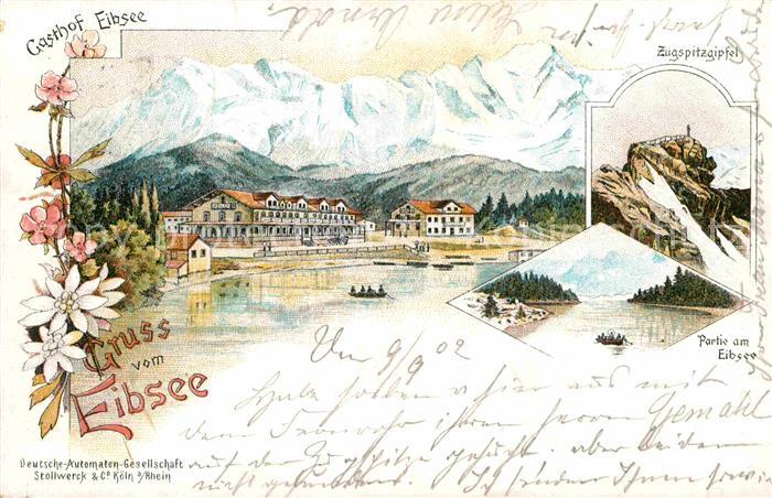 Eibsee Gasthof Eibsee Zugspitzgipfel Litho