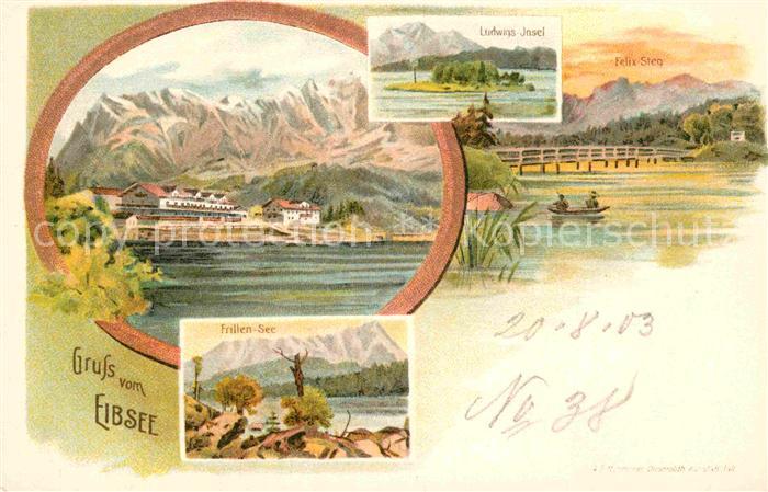 Eibsee Frillensee Felix-Steg Ludwigsinsel Litho