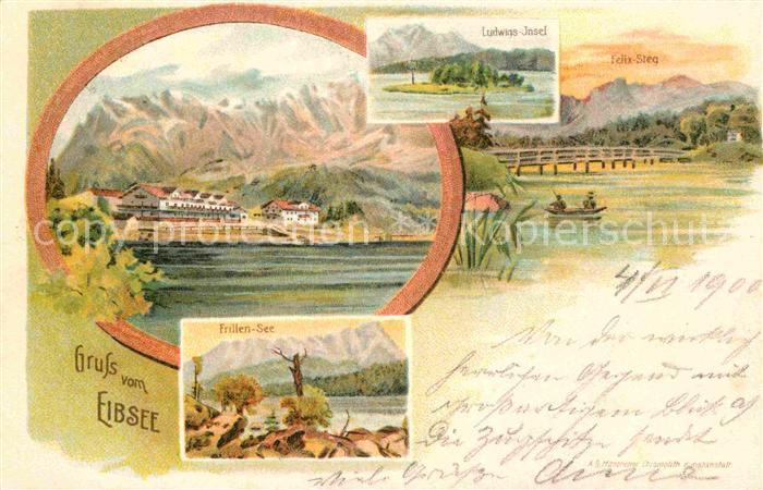 Eibsee Gasthof Ludwigsinsel Frillensee Felix-Steg Litho