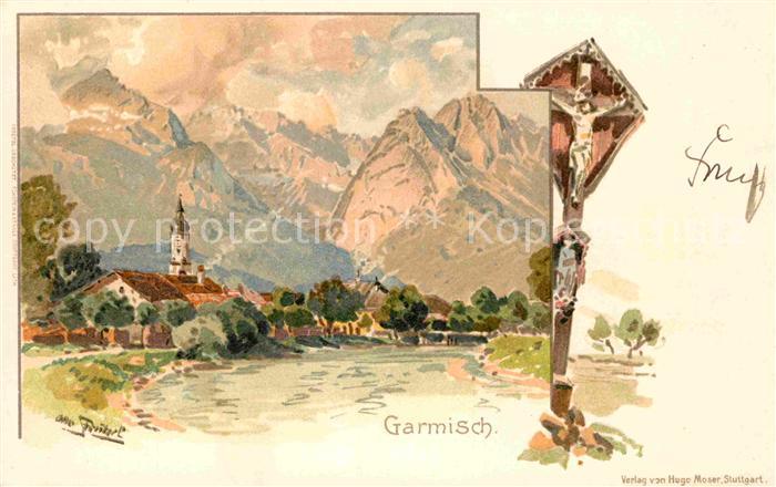 GARMISCH-PARTENKIRCHEN Bayern Wegkreuz Kuenstlerkarte Otto Fruetzel