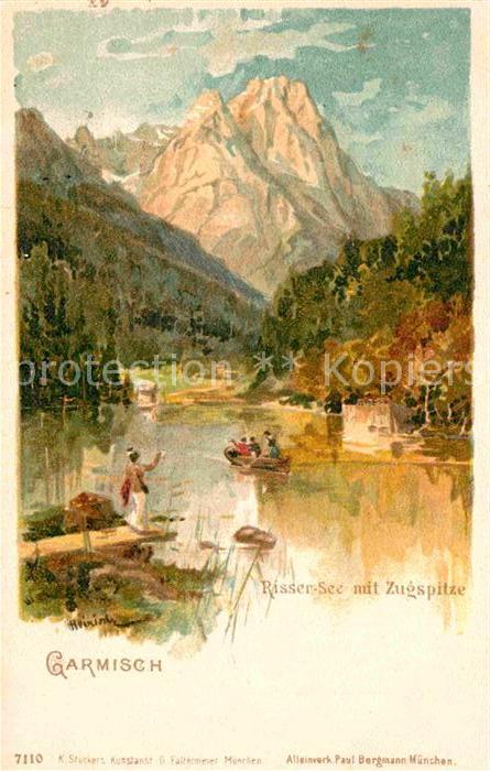 GARMISCH-PARTENKIRCHEN Bayern Rissersee Zugspitze Kuenstlerkarte Heinisch Litho