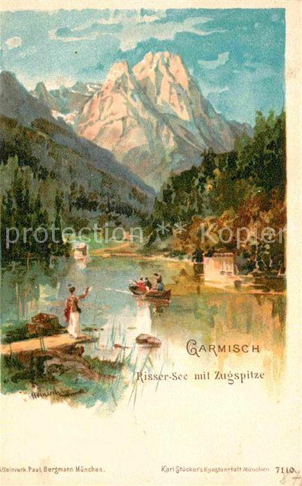 GARMISCH-PARTENKIRCHEN Bayern Rissersee Zugspitze Kuenstlerkarte Heinisch Litho