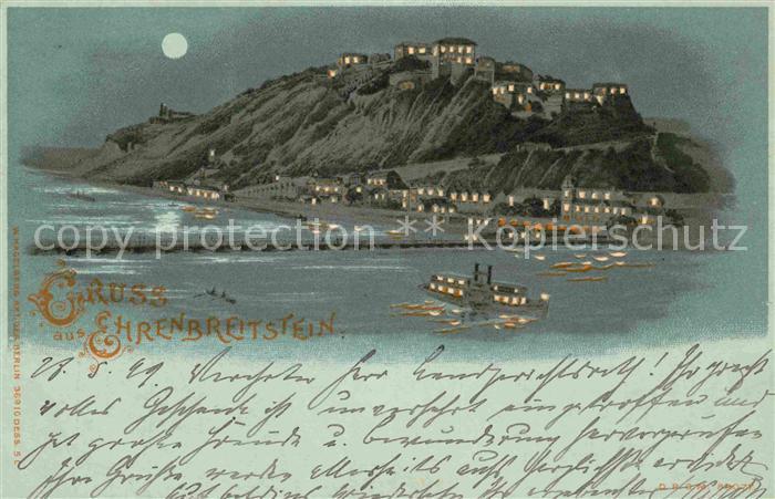 Ehrenbreitstein Seitenraddampfer Hold-to-Light-Karte Litho