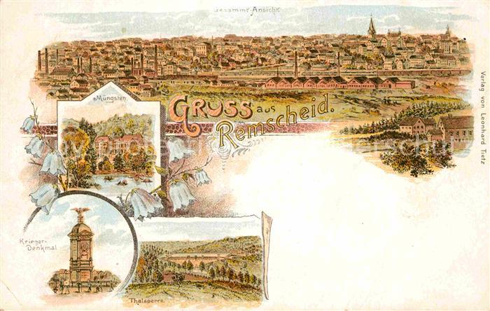 Remscheid Totalansicht Kriegerdenkmal Talsperre Muengsten Litho