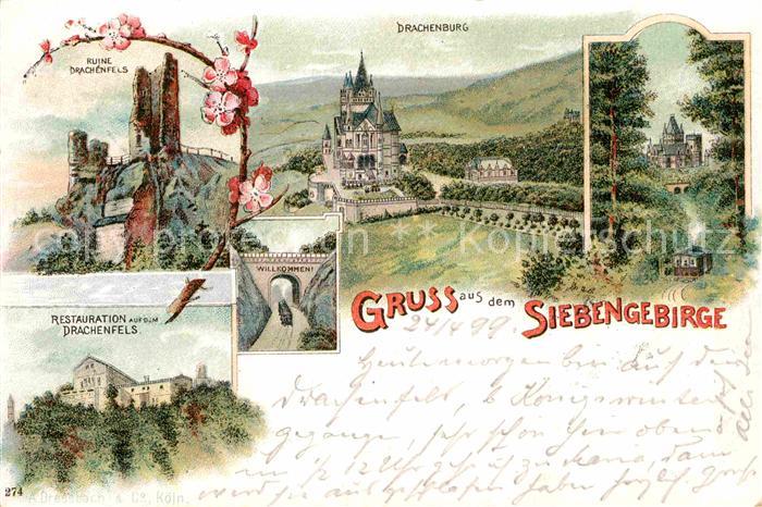 Drachenfels Drachenburg Restaurant Bergbahn Litho Siebengebirge