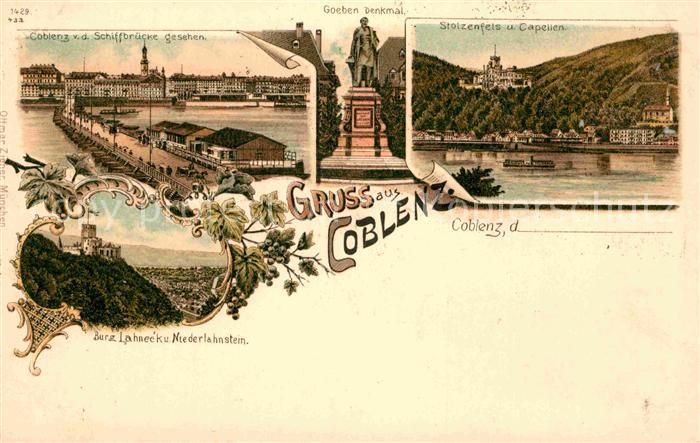 Koblenz Rhein Goeben-Denkmal Stolzenfels Capellen Burg Lahneck Litho