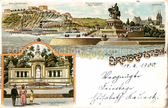 Koblenz Rhein Ehrenbreitstein Kaiserin-Auguste-Denkmal Castorkirche Litho