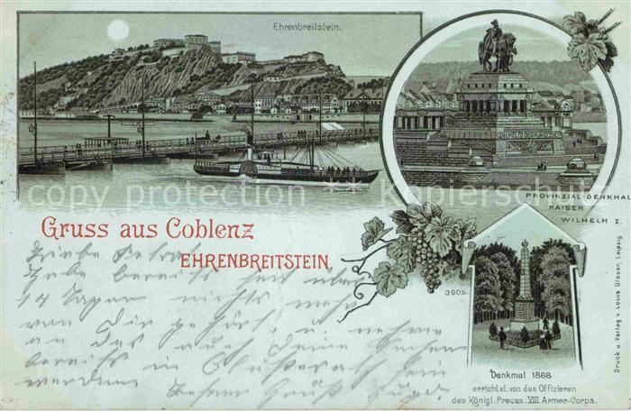 Koblenz Rhein Ehrenbreitstein Denkmal 1866 Kaiser-Wilhelm-I.-Denkmal Litho