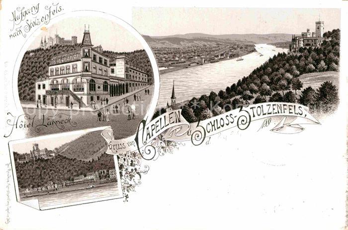 Koblenz Rhein Schloss Stolzenfels Capellen Hotel Lahneck Litho