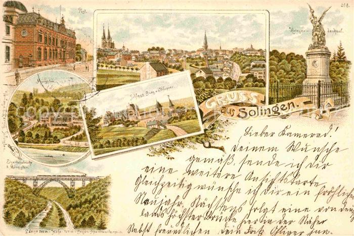 Solingen Post Schloss Burg Kriegerdenkmal Litho