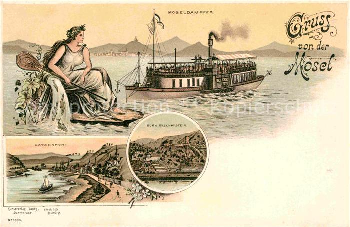 Hatzenport Burg Bischofstein Moseldampfer Litho